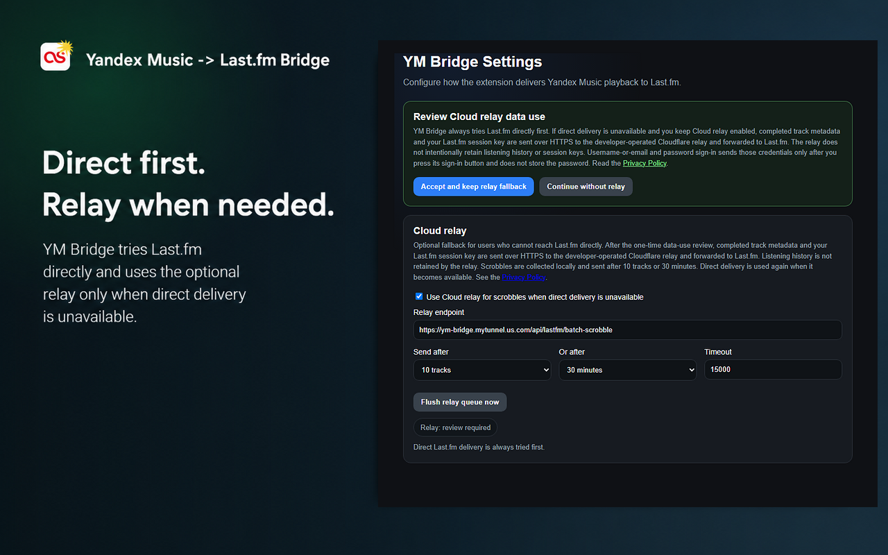 YM Bridge Cloud relay ve Last.fm ayarları