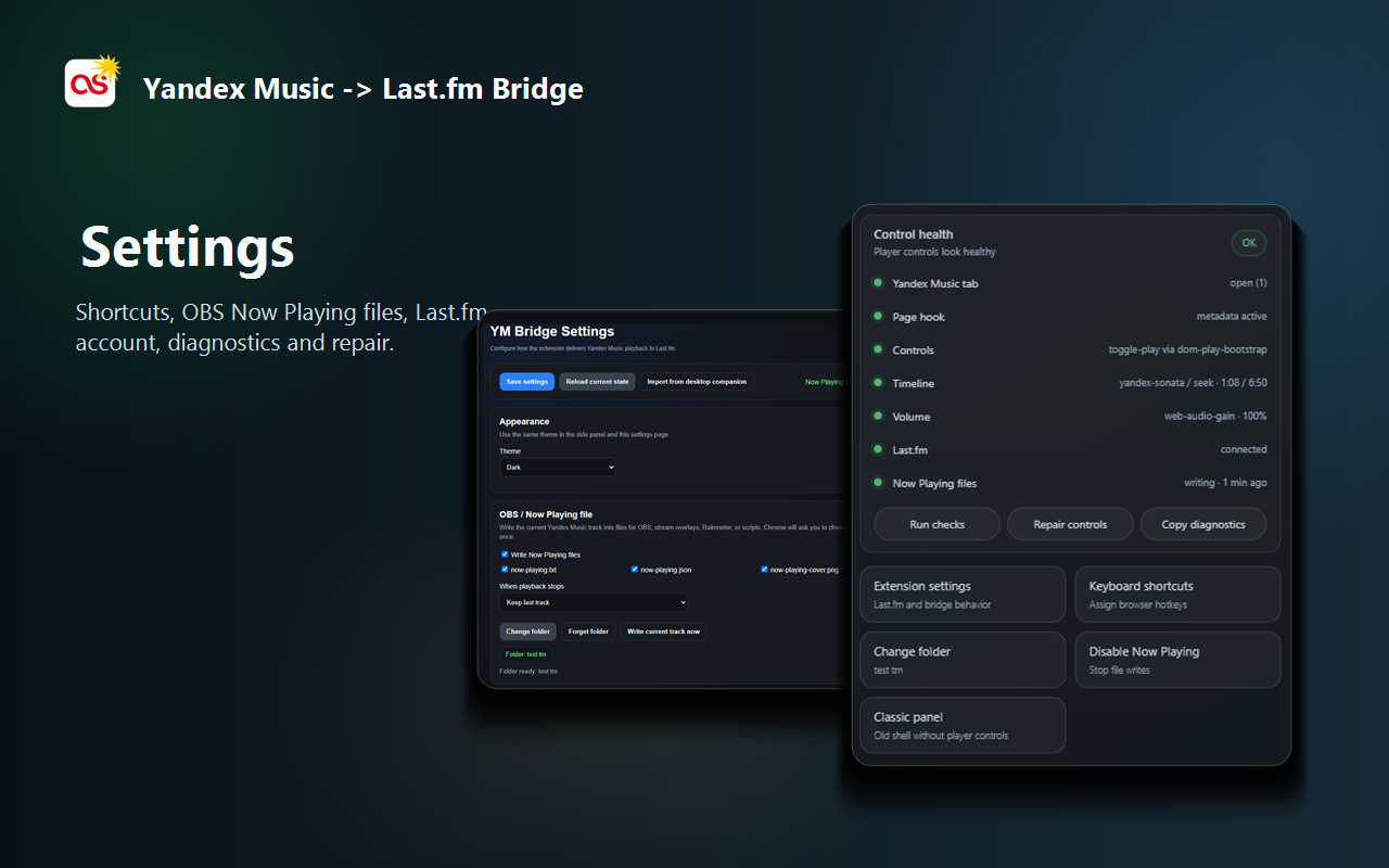 Settings and control-health diagnostics views